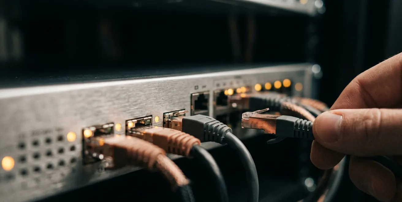 Netzwerk-Switch mit eingesteckten Netzwerkkabeln